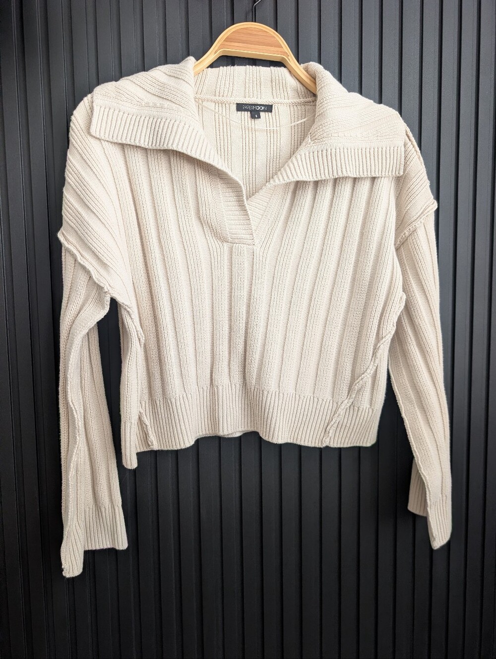 Papermoon Cream Ribbed Collared Cropped Sweater Fall Fashion Size S